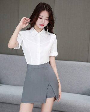 Đồng Phục Thẩm Mỹ Viện Làm Đẹp Sơ Mi Chân Váy UNF007 Bộ Váy Xám Không Cà Vạt