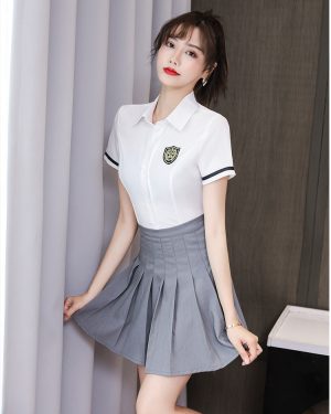 Đồng Phục Spa, Massage, Nail Bộ Sơ Mi Chân Váy UNF006 1273 Áo Trắng Váy Xám