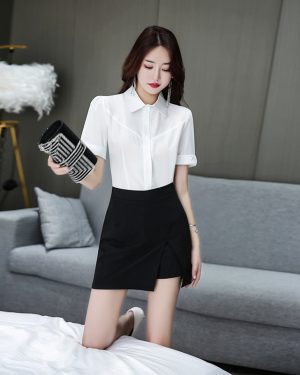 Đồng Phục Thẩm Mỹ Viện Làm Đẹp Sơ Mi Chân Váy UNF007 Bộ Váy Đen Không Cà Vạt
