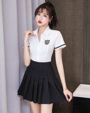 Đồng Phục Spa, Massage, Nail Bộ Sơ Mi Chân Váy UNF006 1273 Áo Trắng Váy Đen