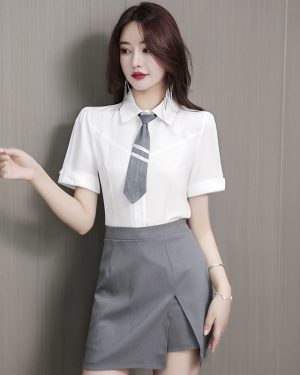 Đồng Phục Thẩm Mỹ Viện Làm Đẹp Sơ Mi Chân Váy UNF007 Bộ Váy Xám Có Cà Vạt