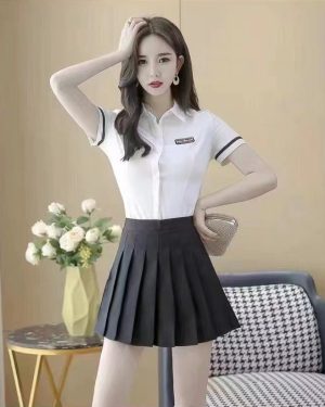 Đồng Phục Spa, Massage, Nail Bộ Sơ Mi Chân Váy UNF006 1272 Áo Trắng Váy Đen