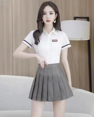 Đồng Phục Spa, Massage, Nail Bộ Sơ Mi Chân Váy UNF006 1272 Áo Trắng Váy Xám