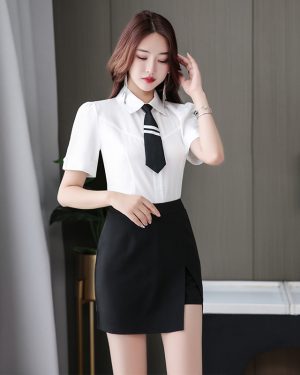 Đồng Phục Thẩm Mỹ Viện Làm Đẹp Sơ Mi Chân Váy UNF007 Bộ Váy Đen Có Cà Vạt