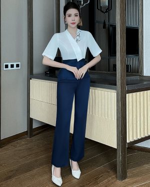Đồng Phục Nhân Viên Spa, Massage, Salon Bộ Sơ Mi Quần Dài UNF008 Bộ Màu Xanh Navy