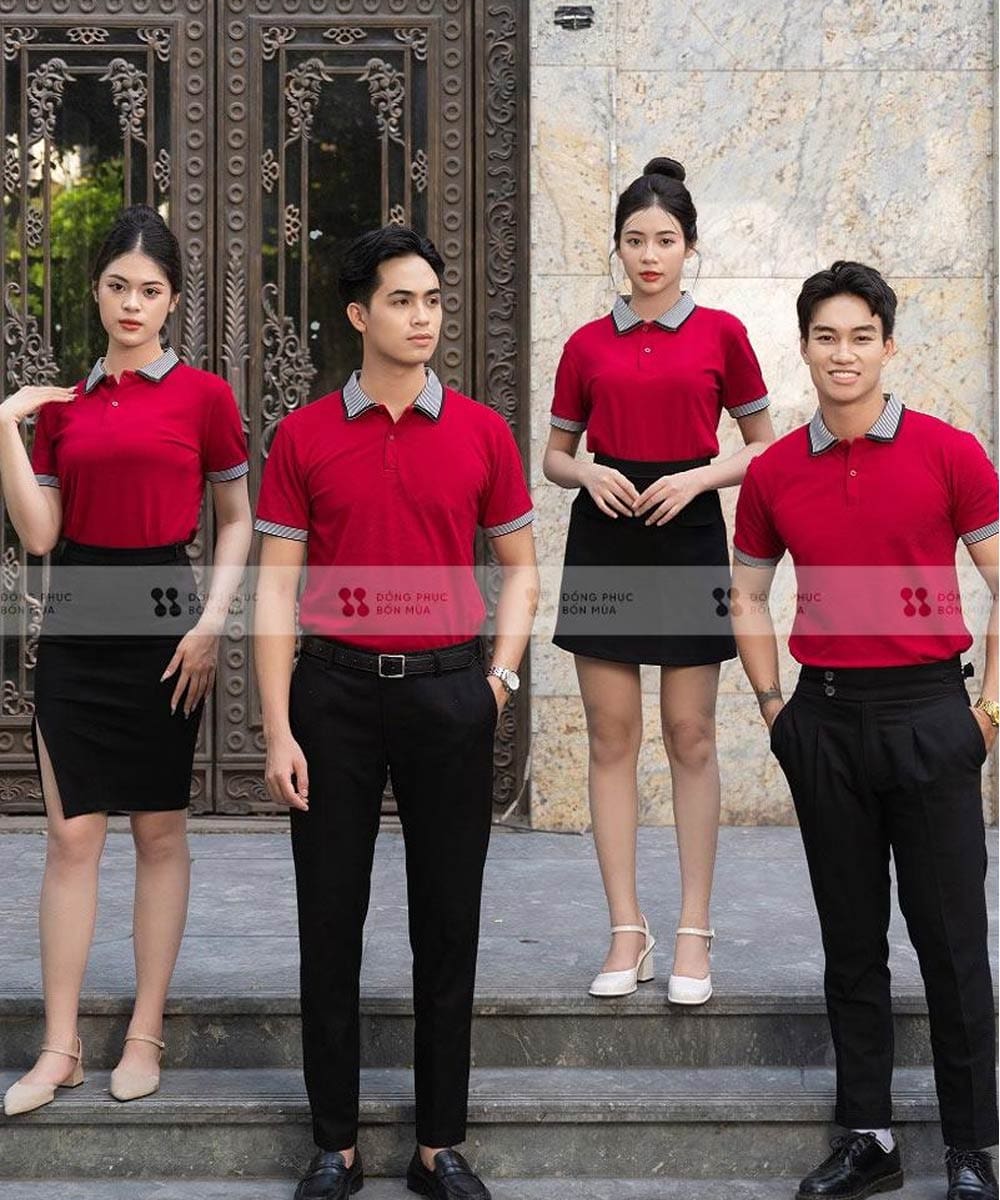 Áo thun đồng phục có cổ Renew màu đỏ mận cổ dệt