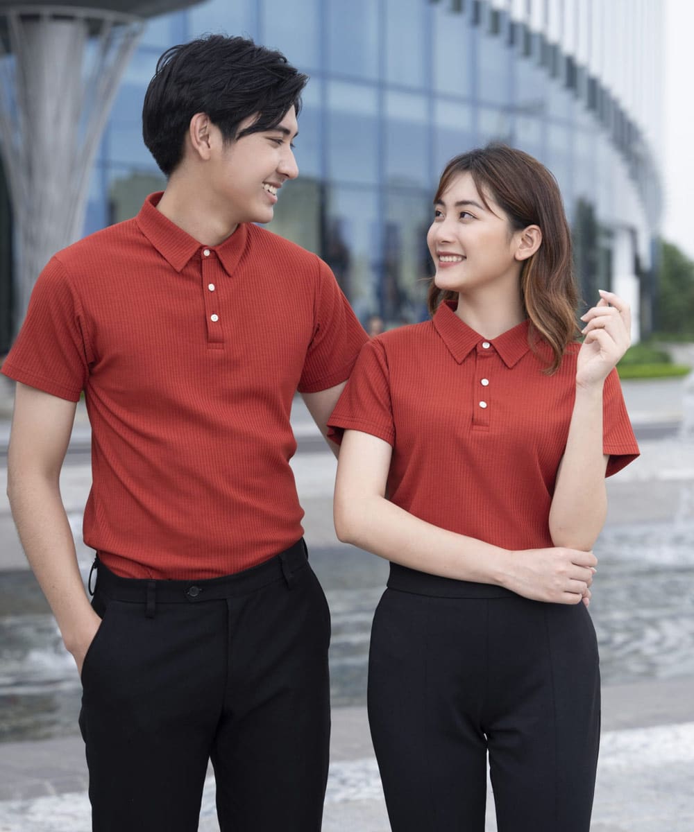 Áo đồng phục công ty màu đỏ cam, chất liệu thun gân
