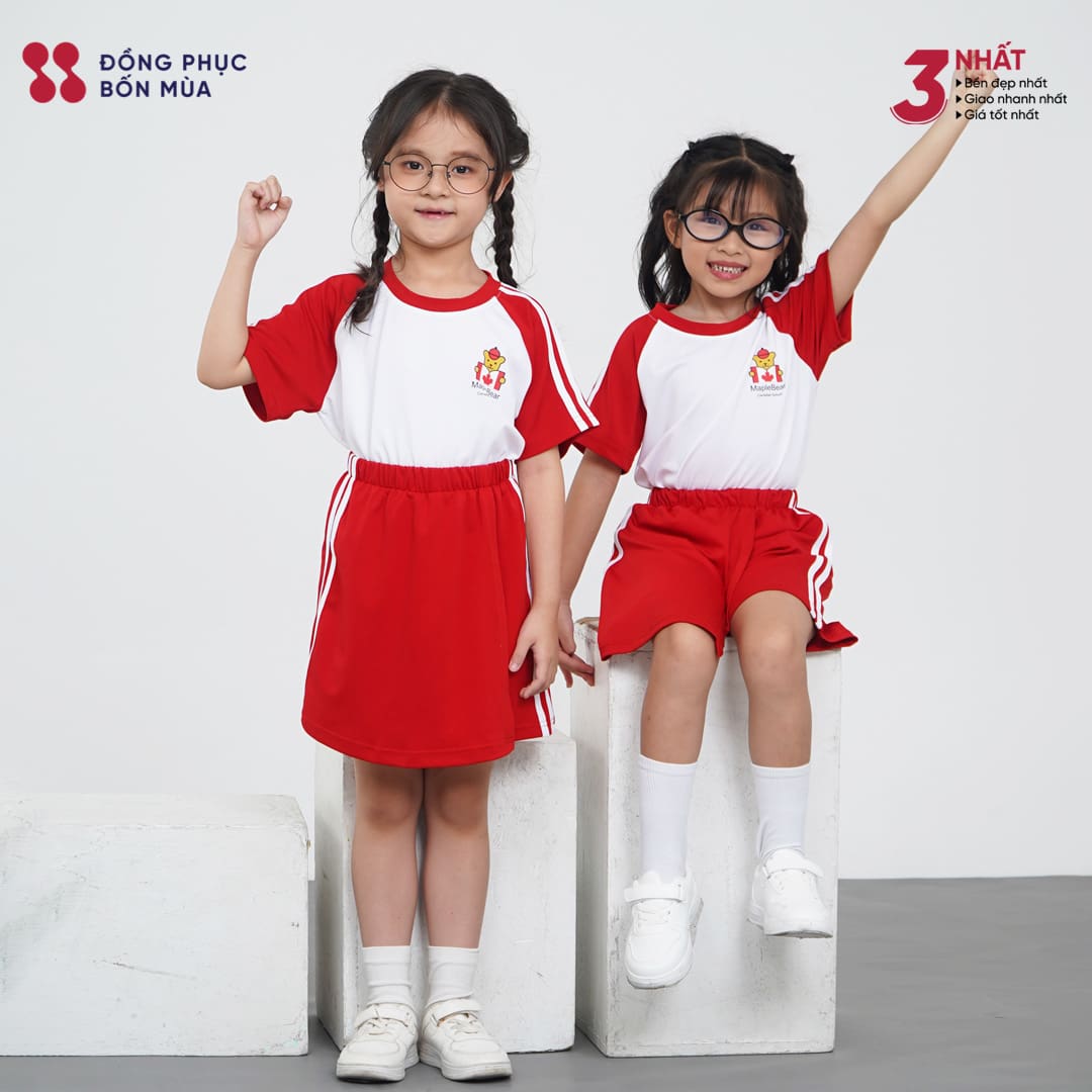 Đồng Phục Mầm Non Phối Màu Đỏ Trắng Năng Động Cho Bé