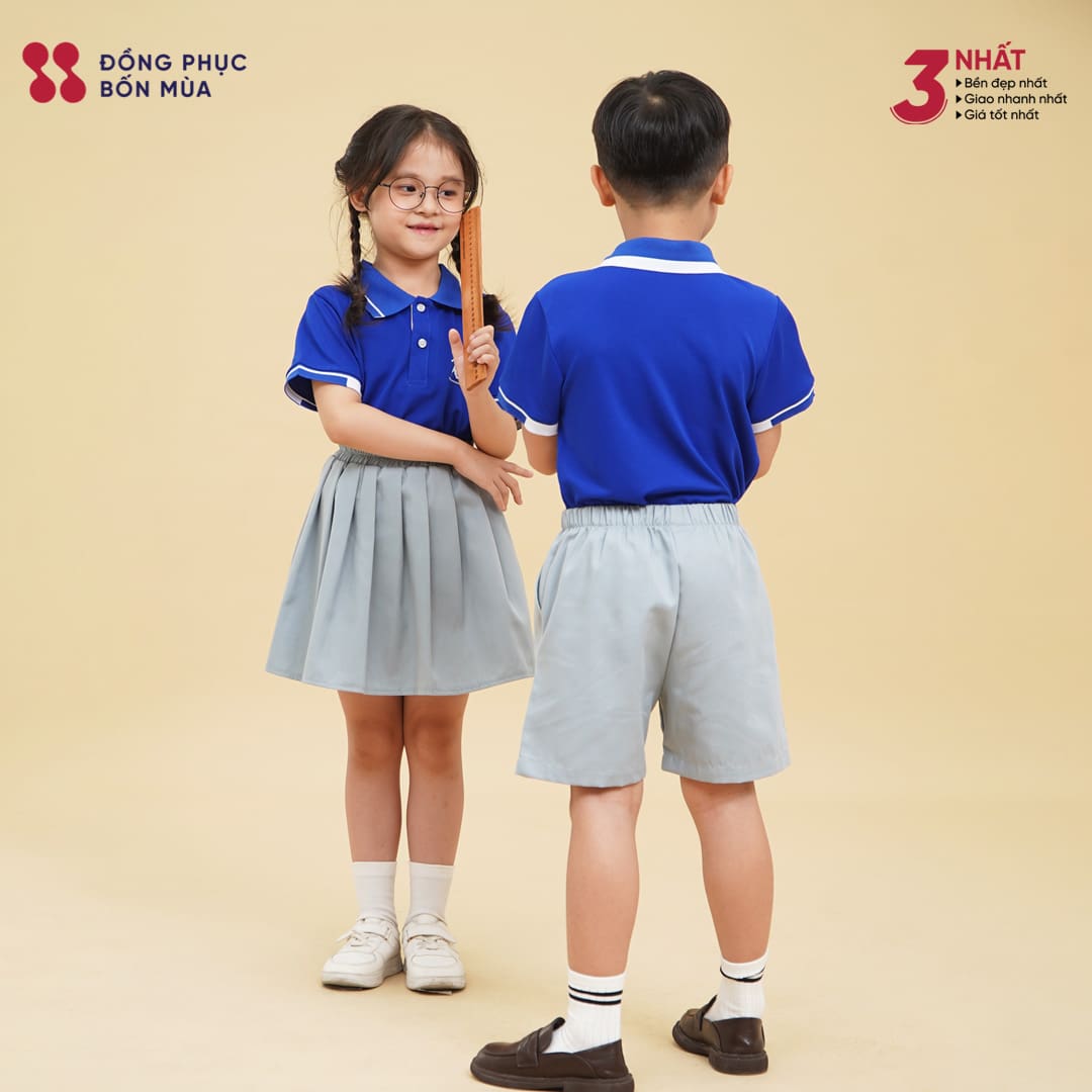 Đồng Phục Mầm Non Cổ Bẻ Màu Xanh Dương Phối Trắng