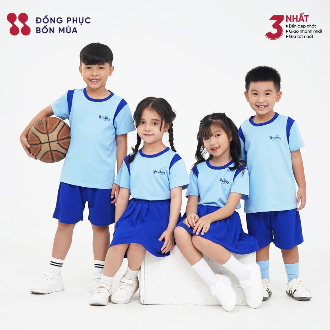 Mẫu Áo Đồng Phục Mầm Non Màu Xanh Dương Đẹp, Cổ Tròn