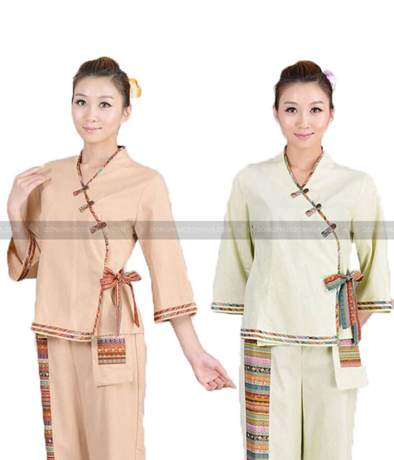 Đồng phục spa thiết kế nổi bật phối thổ cẩm