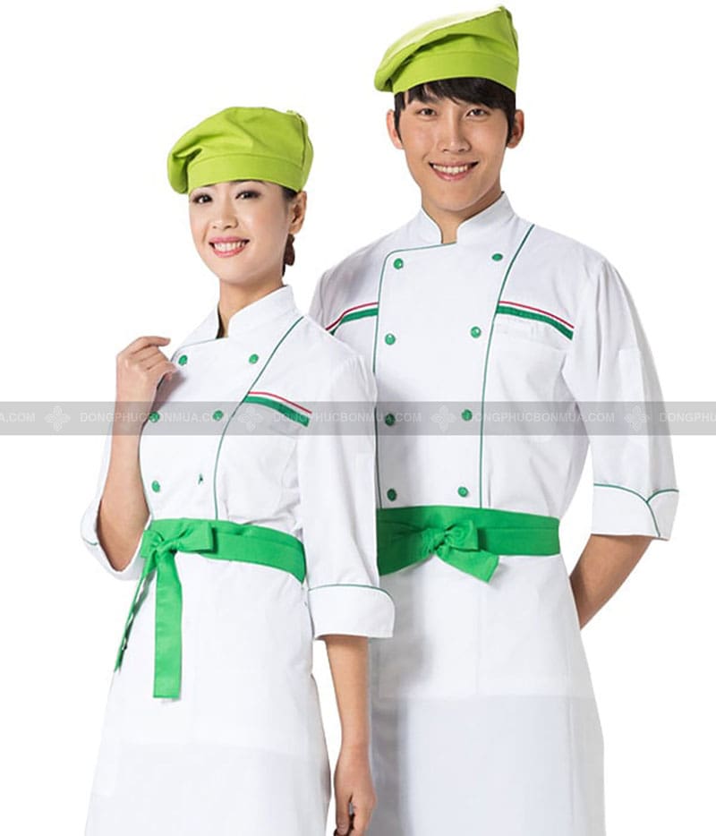 Đồng phục bếp màu trắng phối họa tiết xanh lá