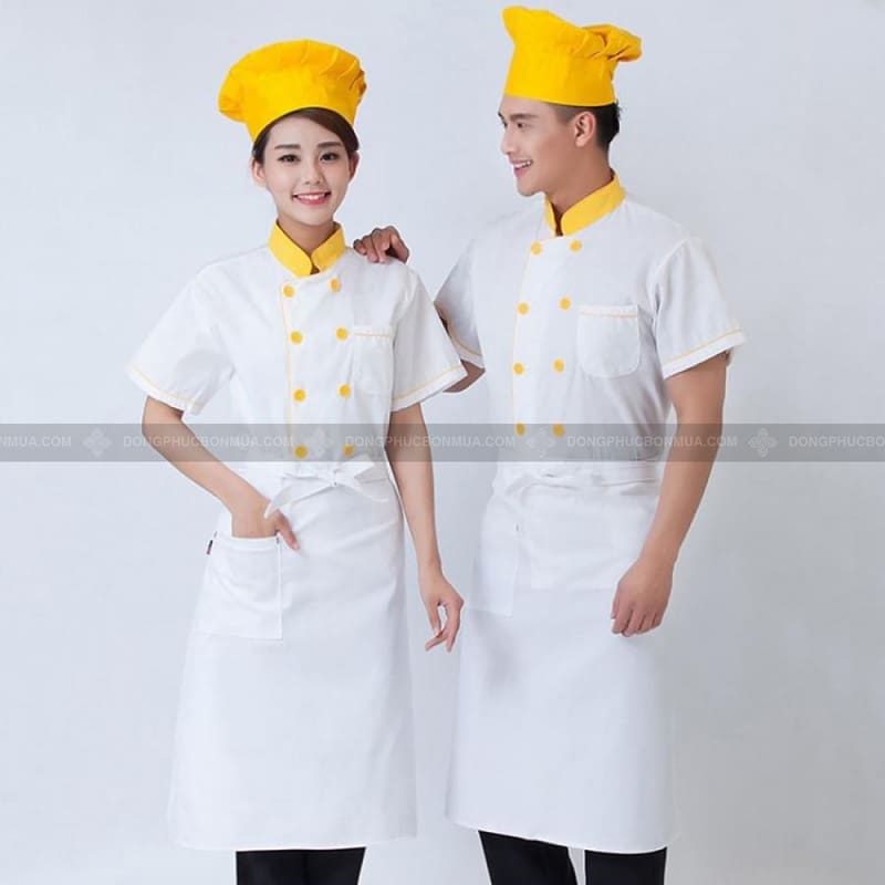 Đồng phục bếp màu trắng phối vàng