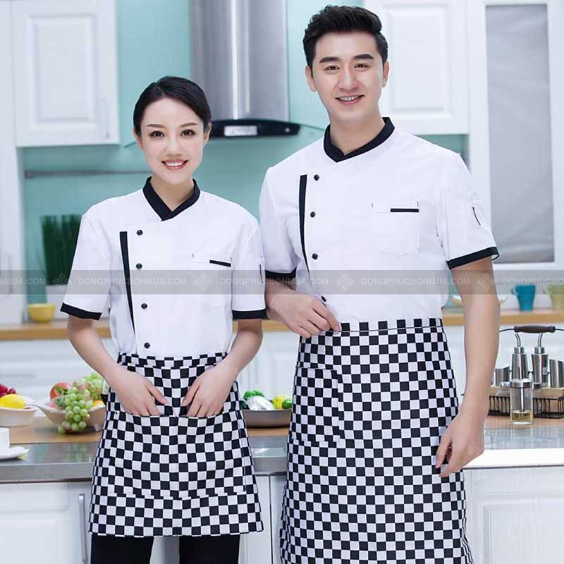 Đồng phục bếp màu trắng phối caro