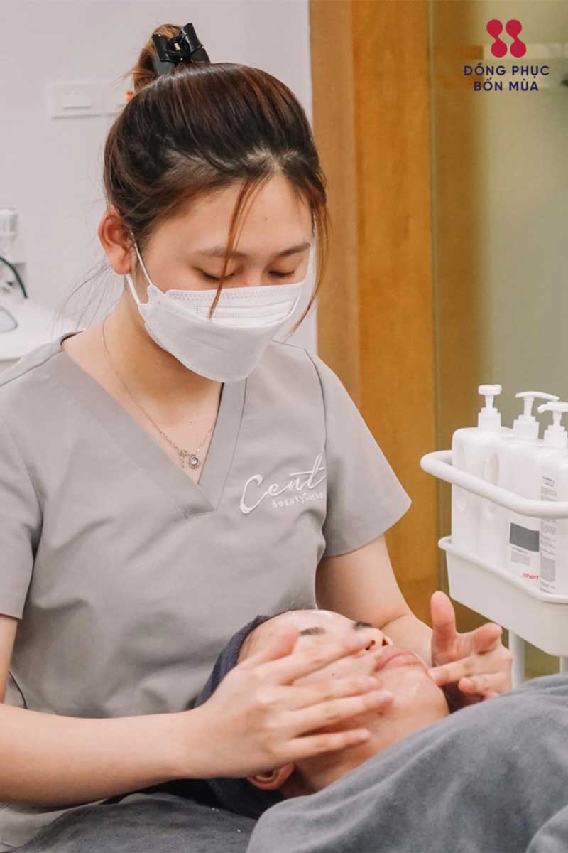 Áo đồng phục Spa xám cổ tim