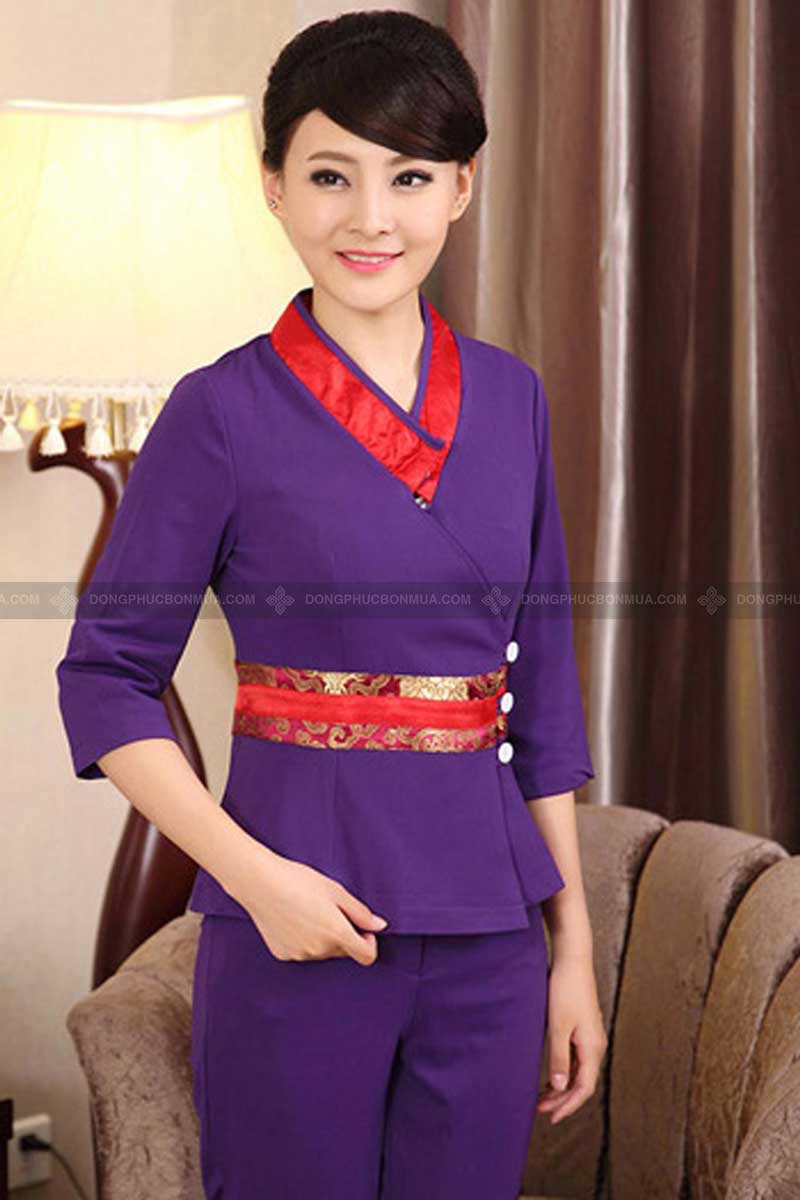 Đồng phục Spa màu tím phối cổ tim đỏ