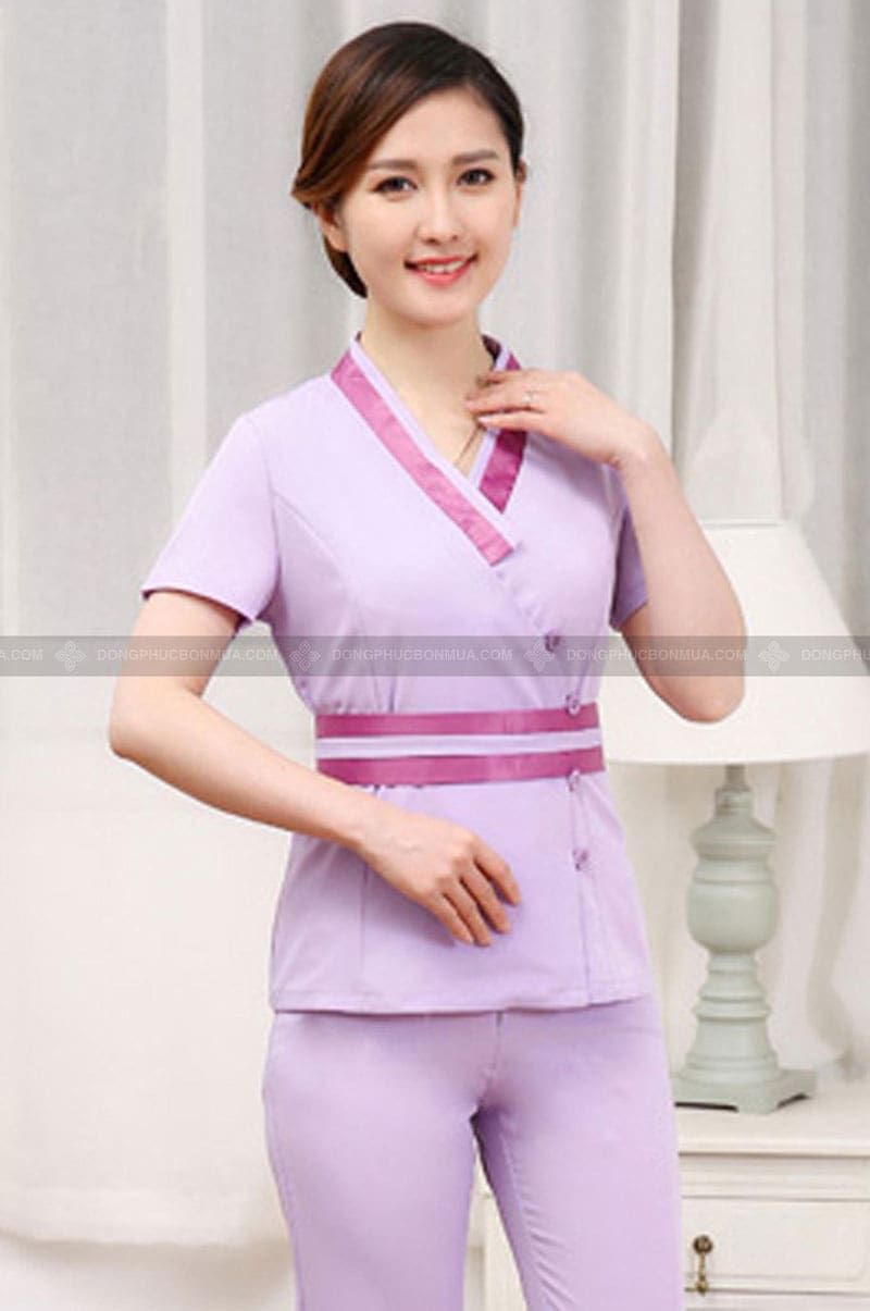 Mẫu đồng phục spa thiết kế cổ tròn độc lạ