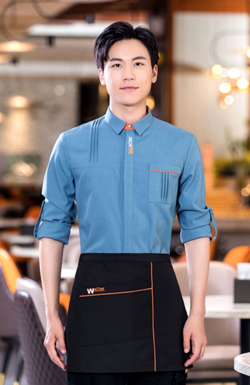 Mẫu áo đồng phục sơ mi nhà hàng giấu cúc áo màu xanh da trời