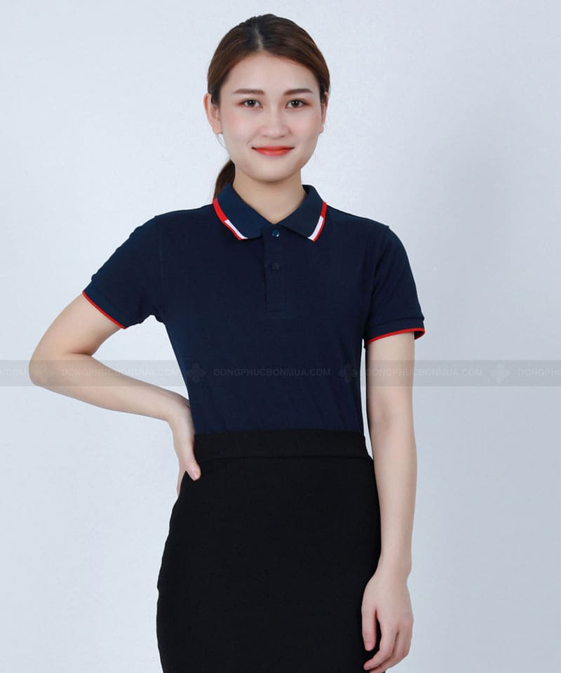 Áo công ty tím than phối cổ tím trắng đỏ