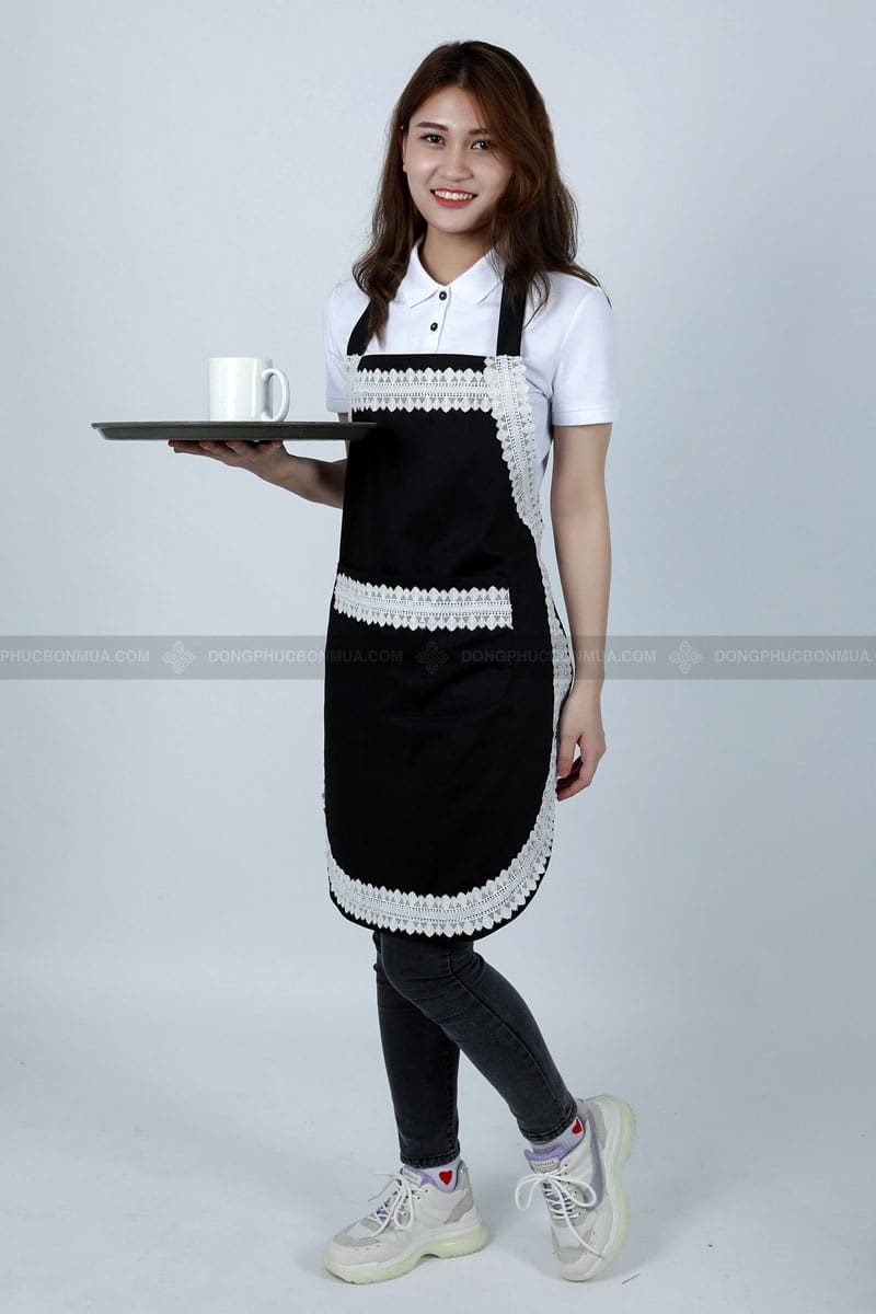 Tạp dề yếm cao cấp màu đen phối họa tiết ren trắng