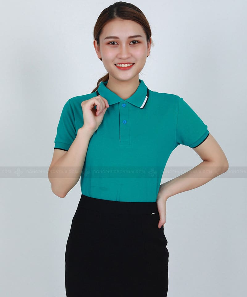 Áo thun đồng phục công ty xanh ý phối cổ xanh đen trắng