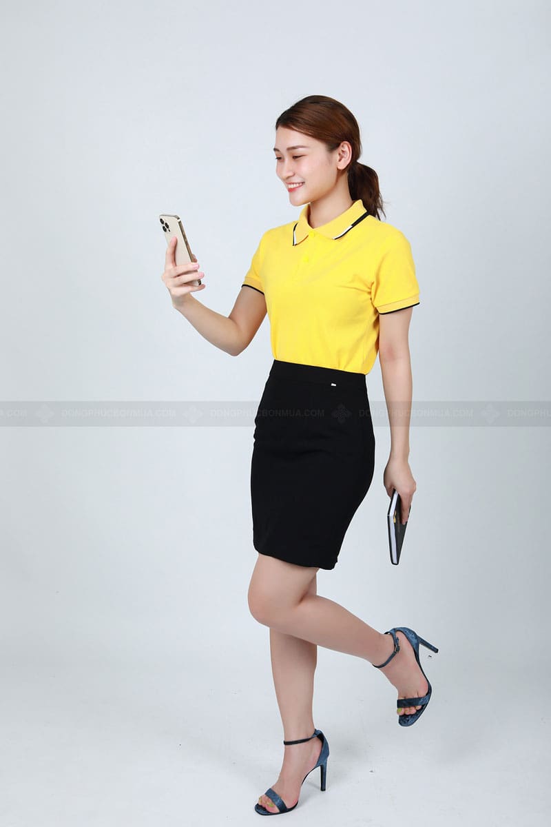 Áo thun công sở vàng chanh phối cổ vàng đen trắng