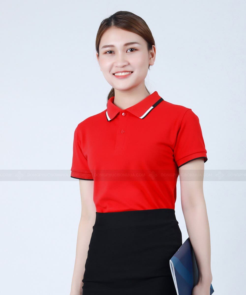 Áo phông công ty đỏ phối cổ đỏ trắng đen