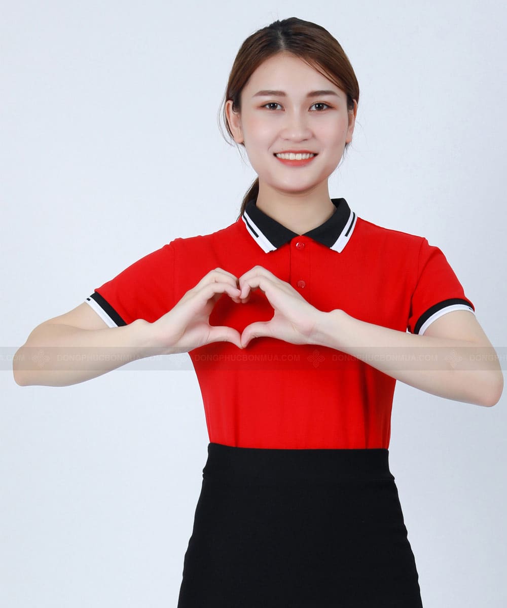 Áo công ty đỏ phối cổ sọc đen trắng