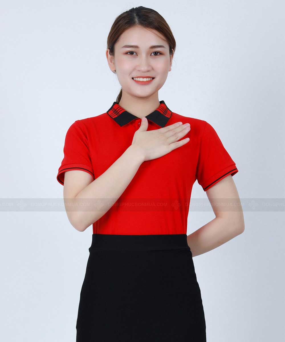 Áo thun công ty phối cổ caro đỏ đen