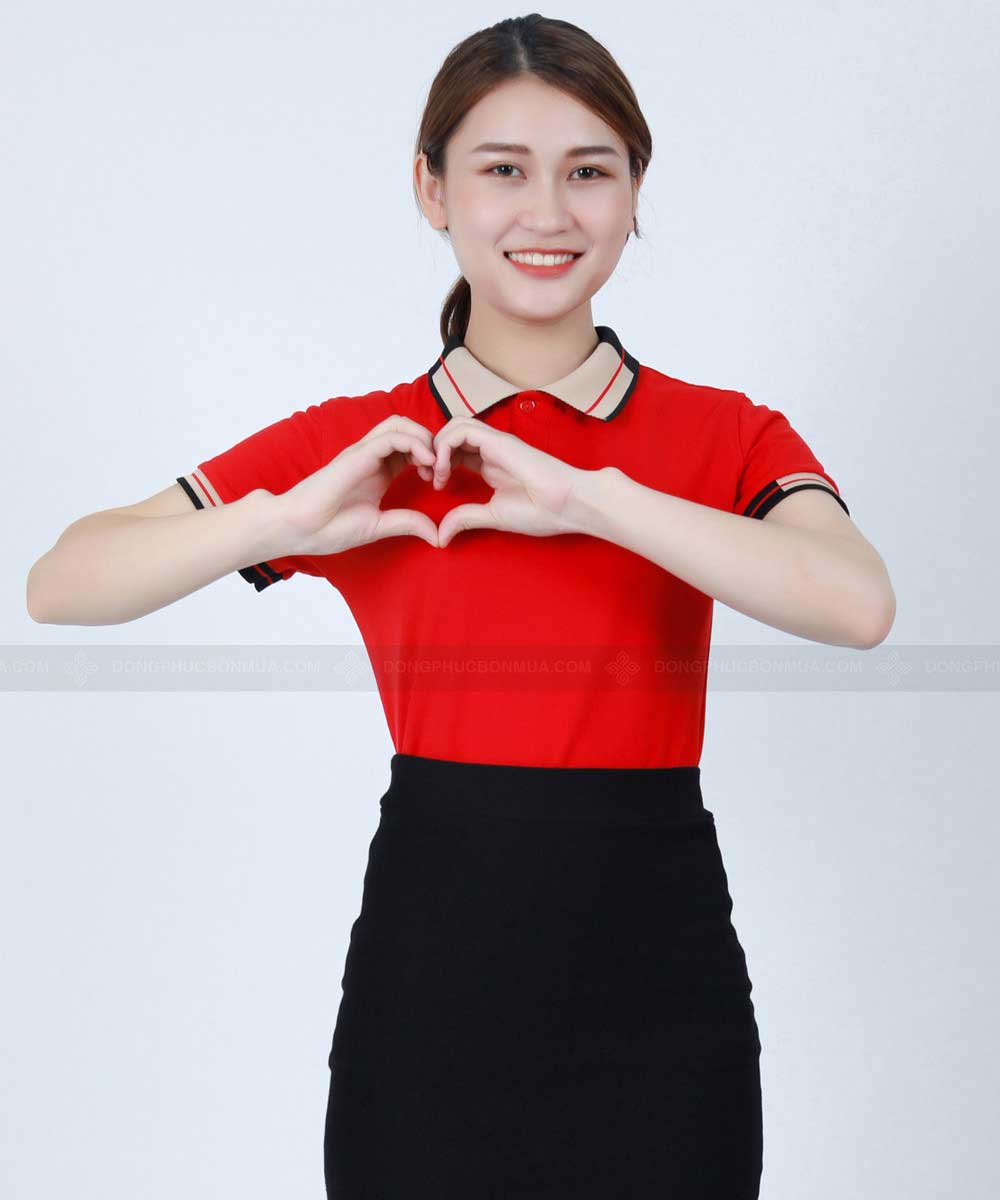 Áo thun đồng phục công ty đỏ phối cổ be đen đỏ