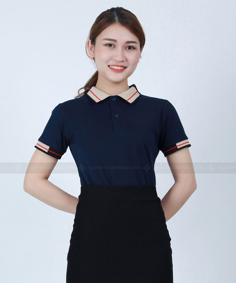 Áo đồng phục công ty tím than phối cổ be đen đỏ