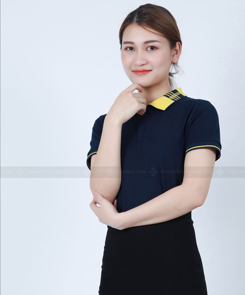 Áo phông công ty tím than phối cổ caro tím vàng