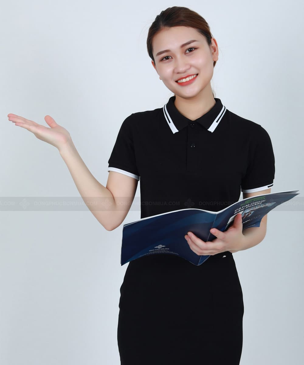 Áo đồng phục công ty đen phối cổ sọc đen trắng