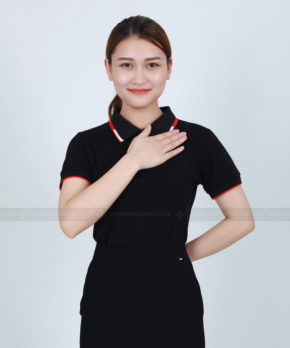 Áo thun đồng phục có cổ phối cổ đen trắng đỏ