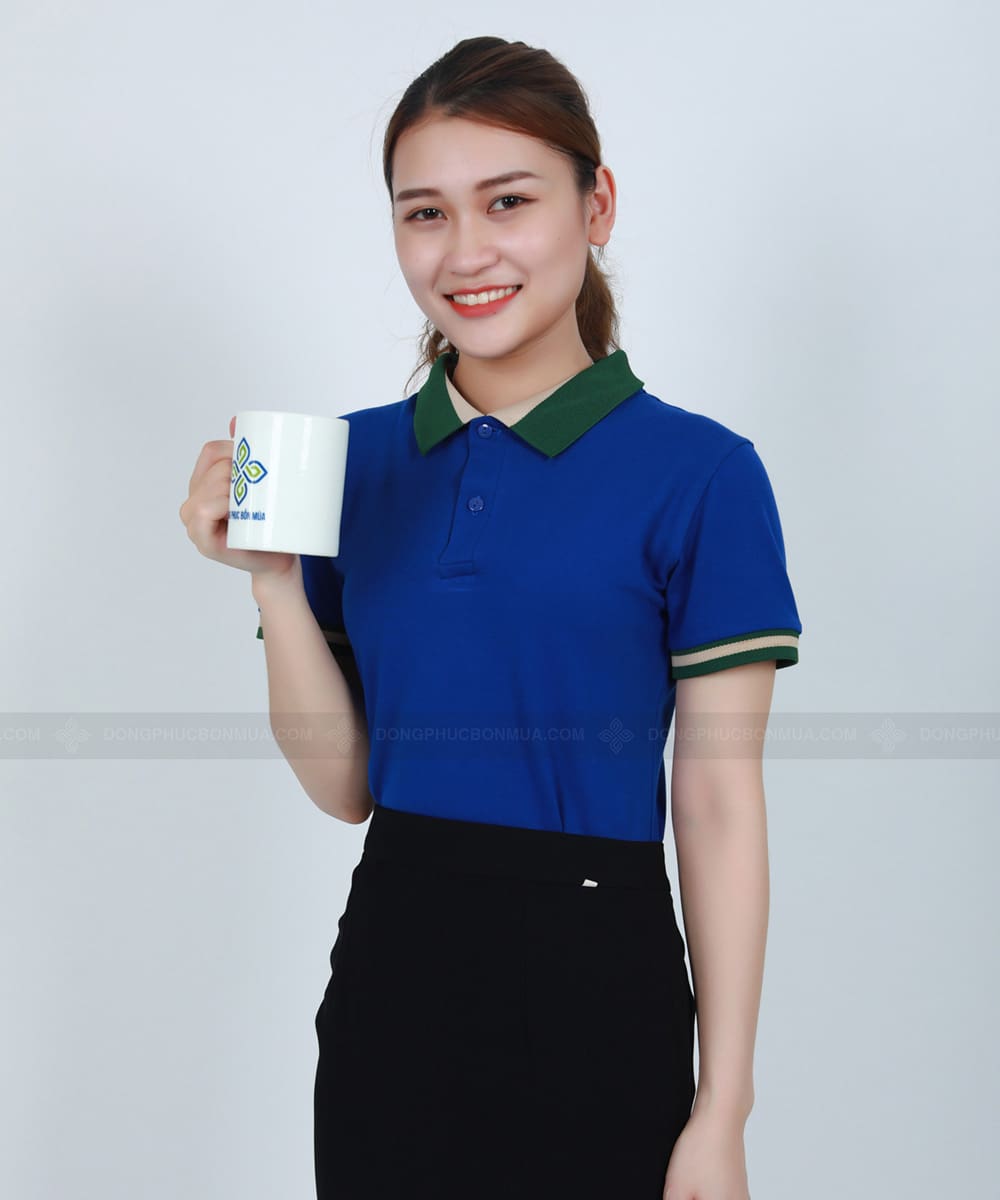Áo thun đồng phục công ty xanh dương phối cổ xanh lá be
