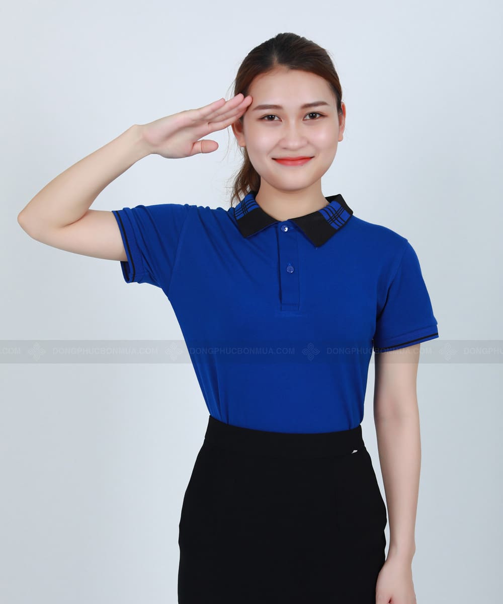 Áo phông đồng phục xanh dương phối cổ caro xanh đen