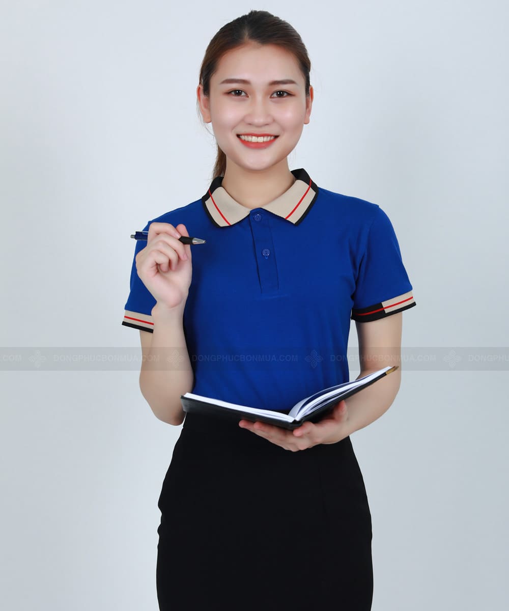 Áo thun công ty xanh dương phối cổ be đen đỏ