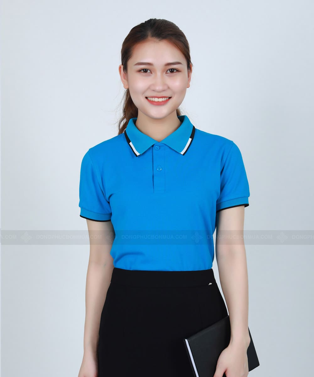 Áo đồng phục công ty xanh ya phối cổ xanh đen trắng