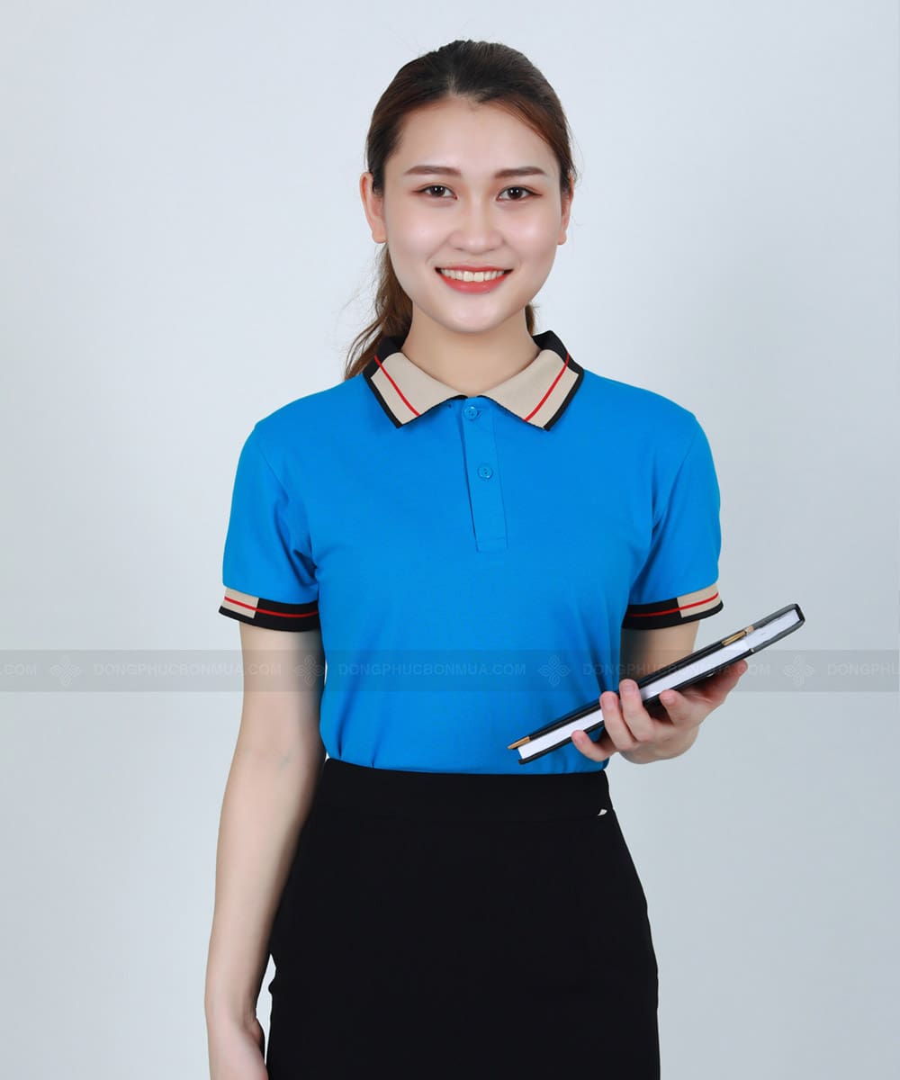 Áo thun công ty có cổ xanh ya phối cổ be đen đỏ