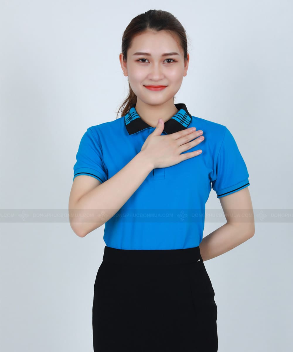 Áo phông đồng phục xanh ya phối cổ caro xanh đen