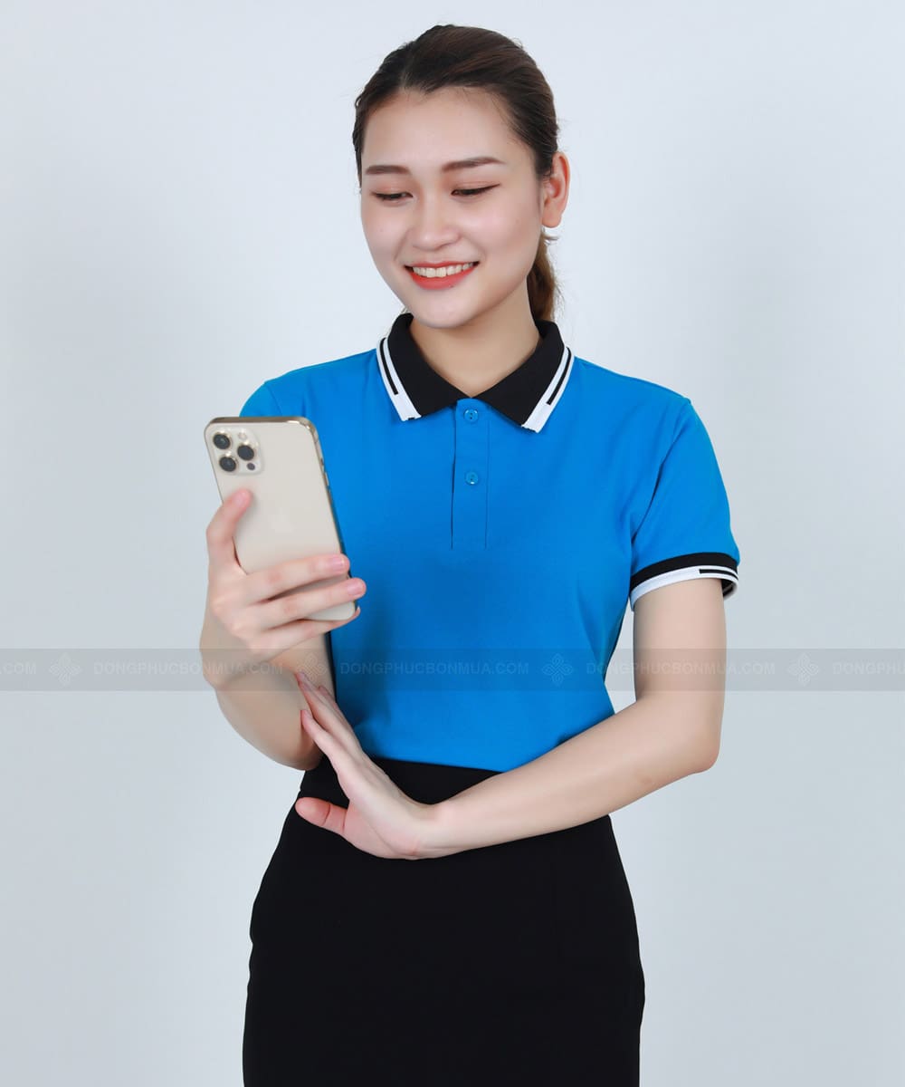 Áo thun công ty xanh ya phối cổ sọc đen trắng