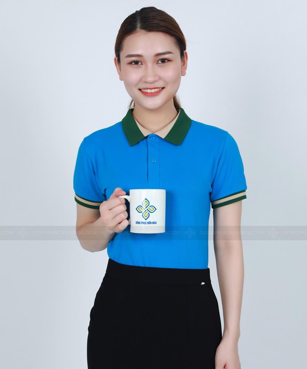 Áo phông đồng phục xanh ya phối cổ xanh lá be