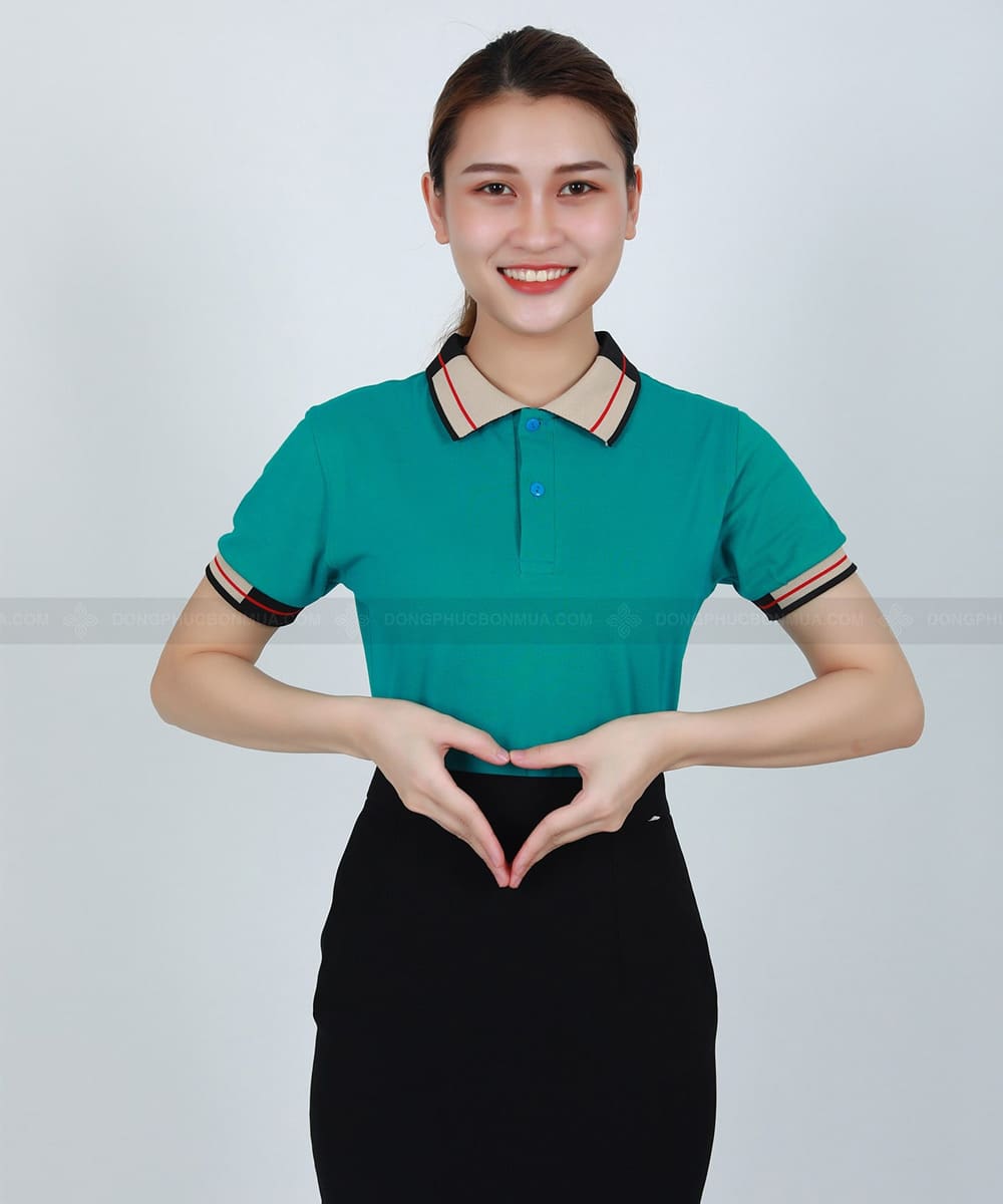 Áo thun đồng phục công ty xanh ý phối cổ be đen đỏ