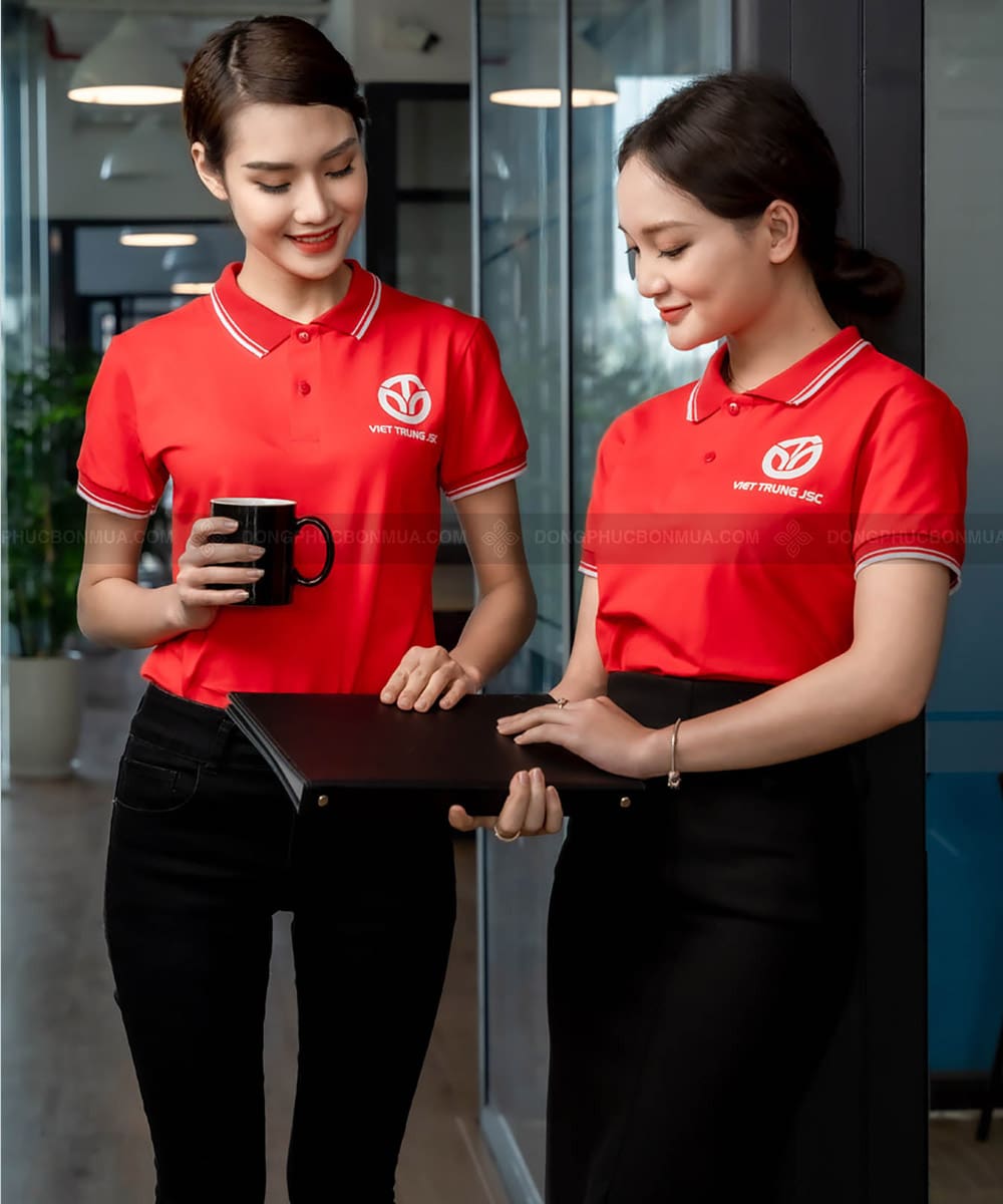 Đồng phục áo phông doanh nghiệp màu đỏ phối cổ viền trắng