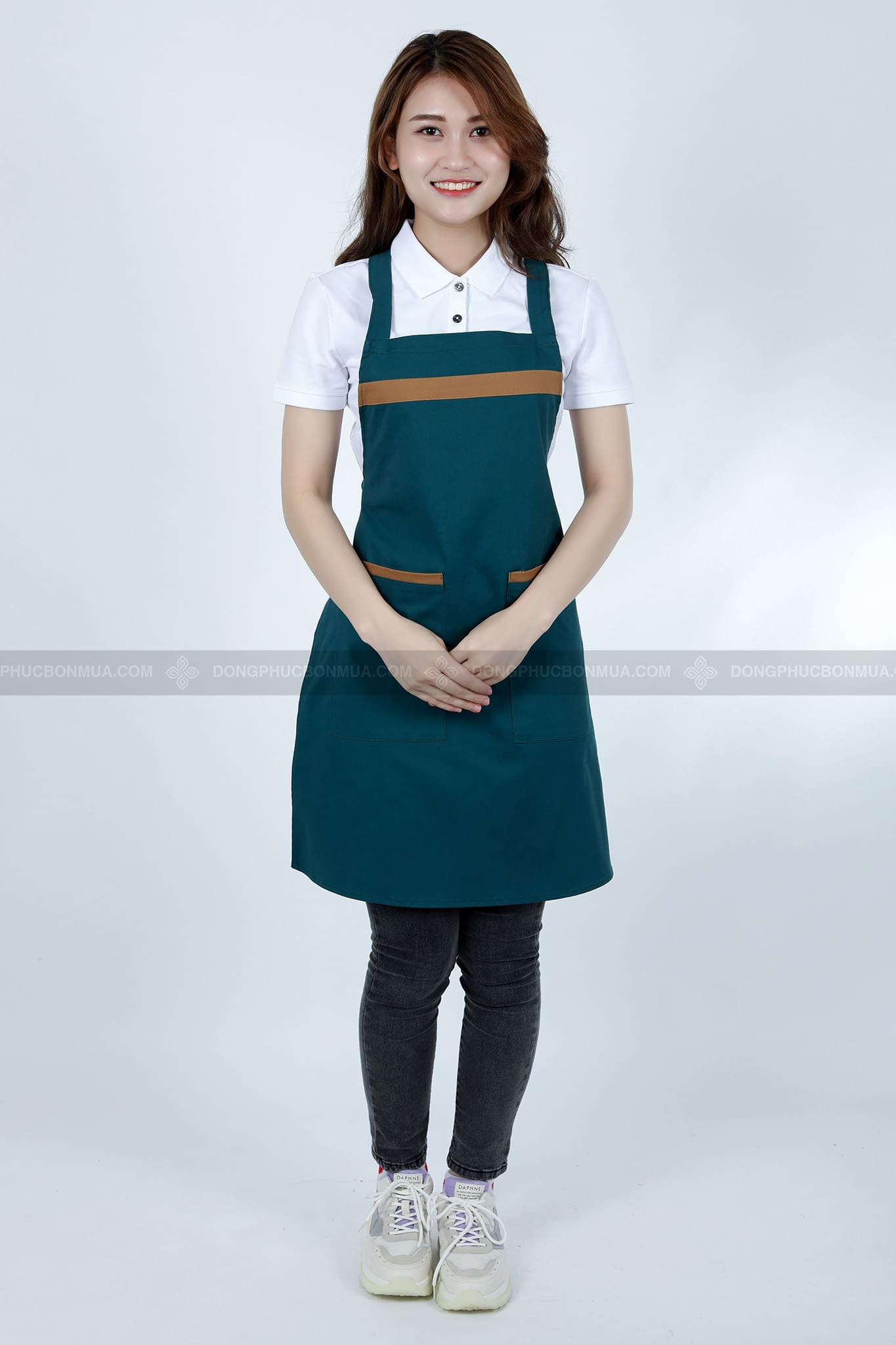 Tạp dề yếm cao cấp màu xanh phối rêu cam