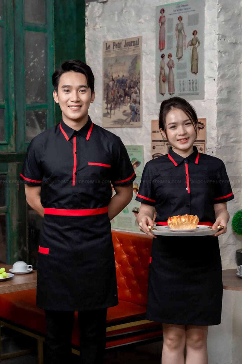 Áo Đồng Phục Và Tạp Dề Nhân Viên , Màu Đen Phối Viền Đỏ Nhỏ Cho Nhà Hàng, Chất Cotton, Thoáng Mát
