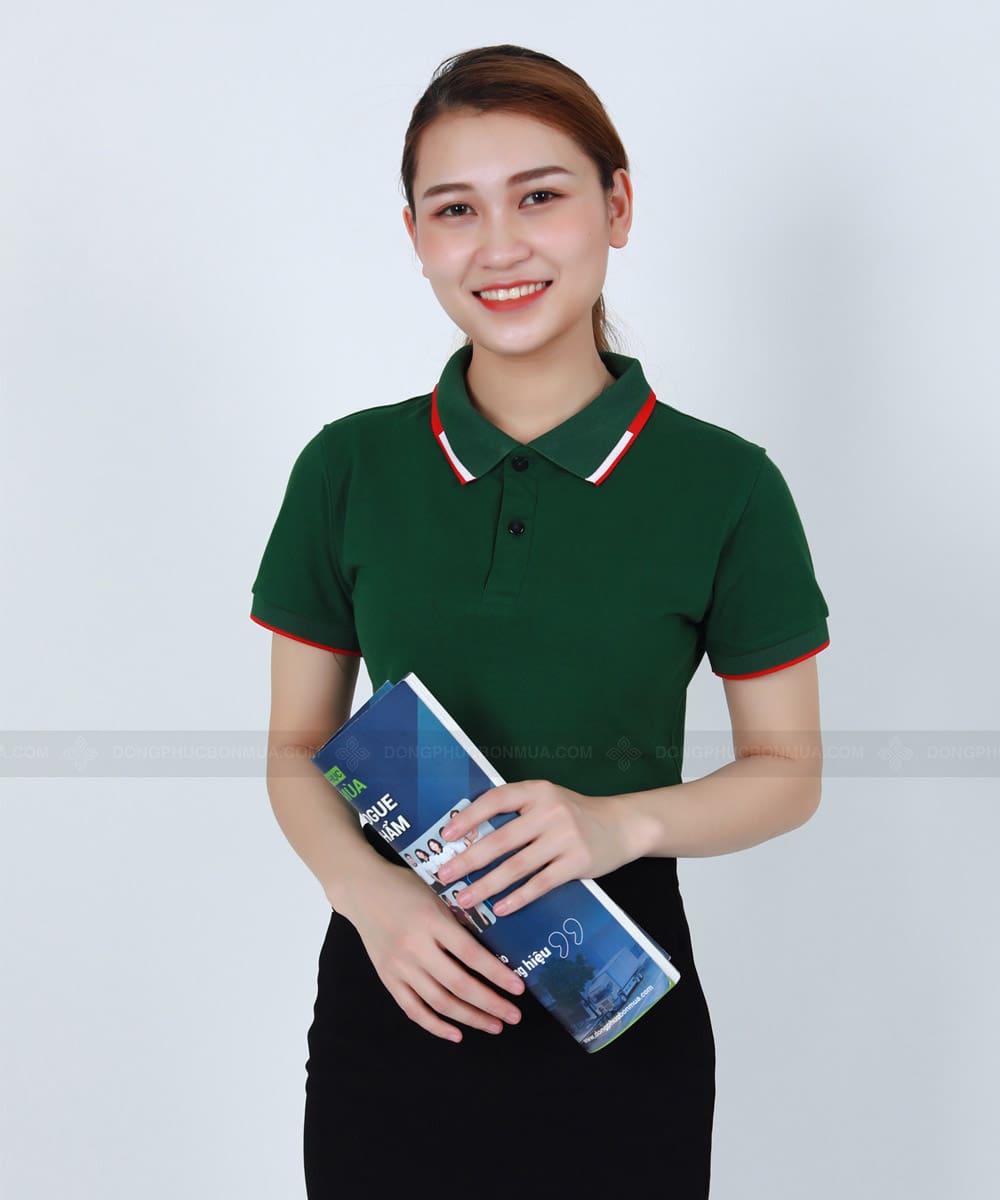 Áo phông đồng phục xanh lá phối cổ xanh đỏ trắng