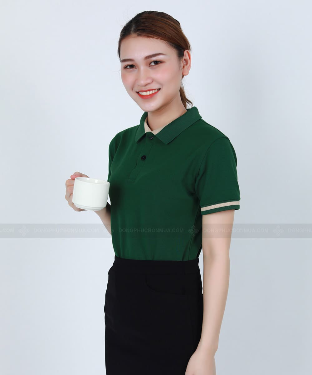Áo đồng phục công ty xanh lá phối cổ xanh lá be