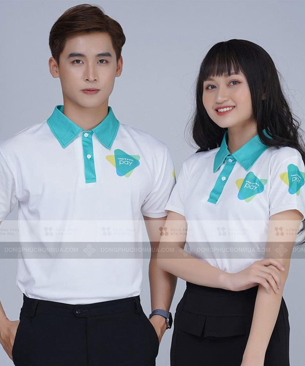 Áo thun đồng phục công ty màu trắng phối cổ xanh nước biển