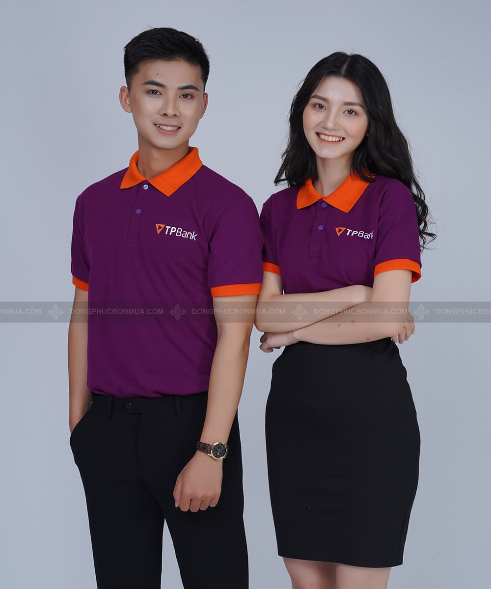 Áo thun đồng phục có cổ TP-Bank, Màu Tím Phối Cổ Cam